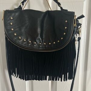 Steve Madden Black Fringe Boho Crossbody Bag with Gold Studs